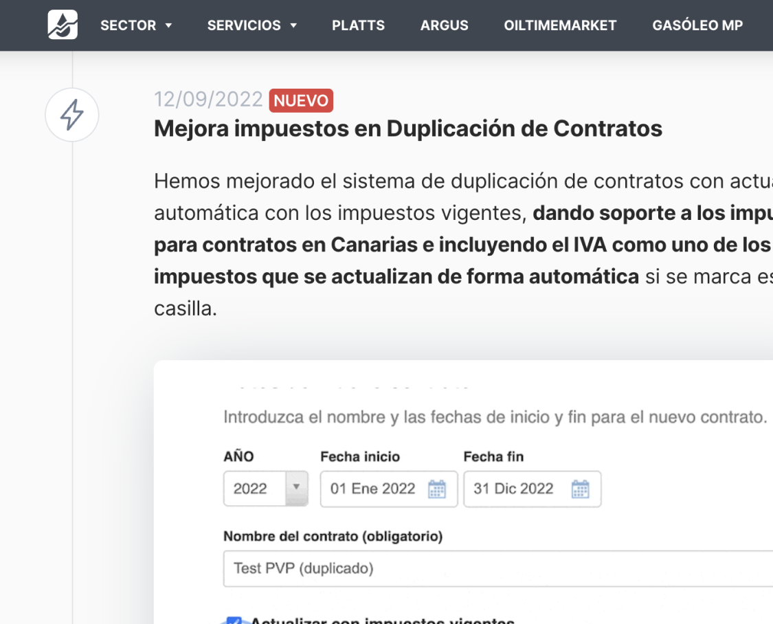 Nueva página de mejoras de producto, con todas las actualizaciones y nuevos servicios que se incorporan a Mundopetróleo