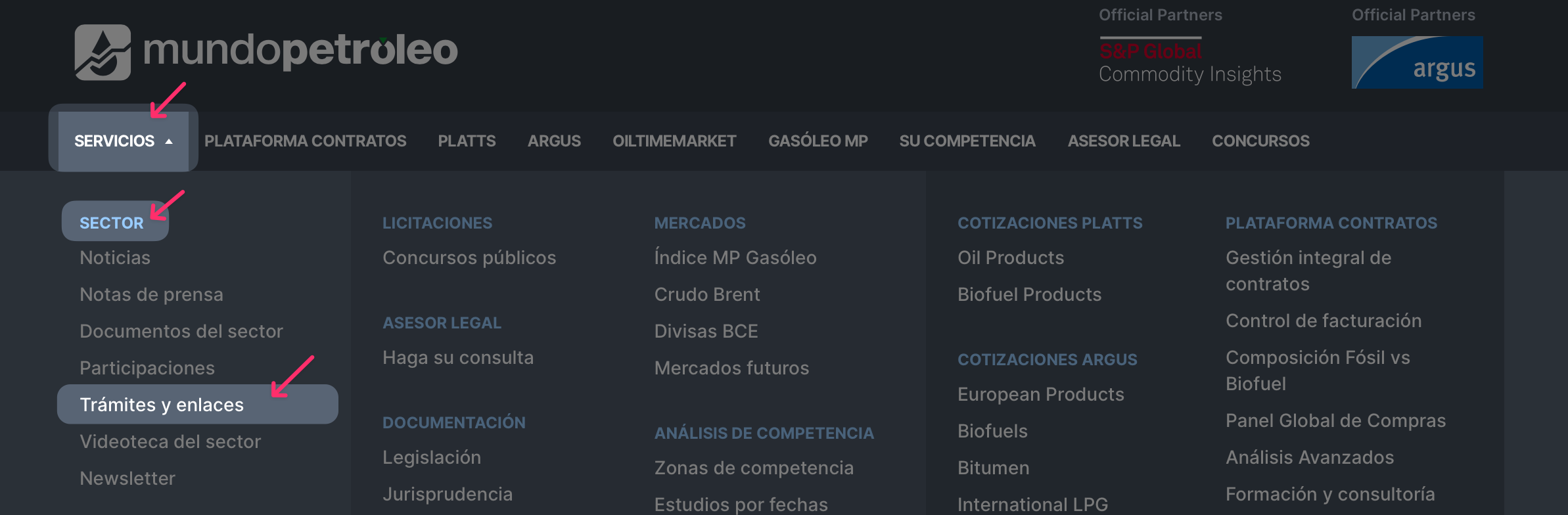 Acceso desde el menú a la página de trámites y enlaces del sector petrolífero